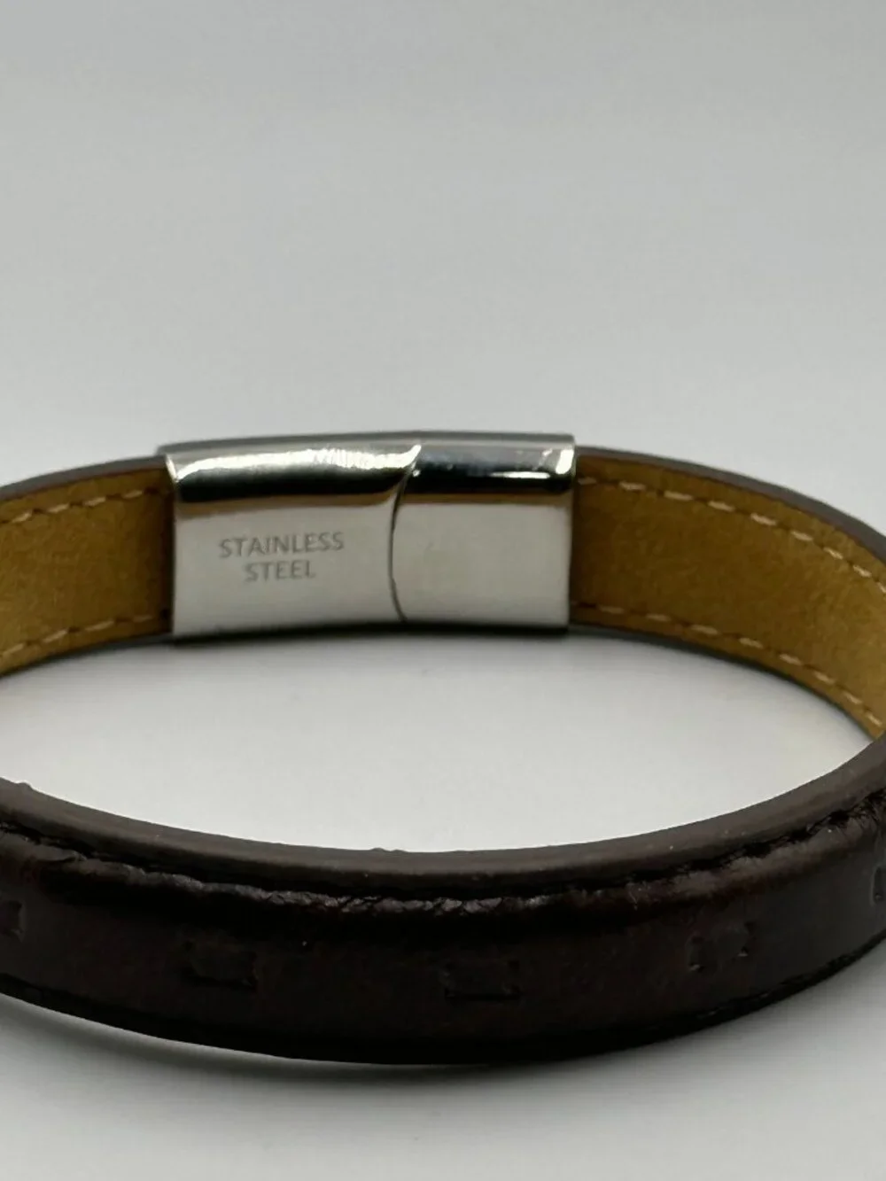 3/$30 Men Brown Leather Bracelet Stitched Stainless Steel Snap Clasp 8.25